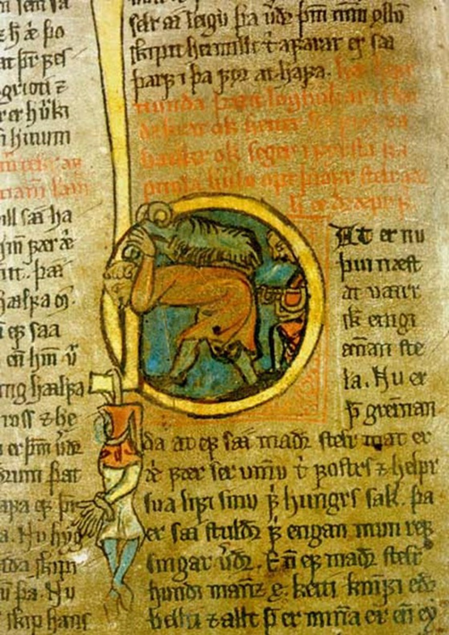 Illustration from the Grágás lawbook of a man pushing a thief carrying a ram. A hanged thief beneath them.