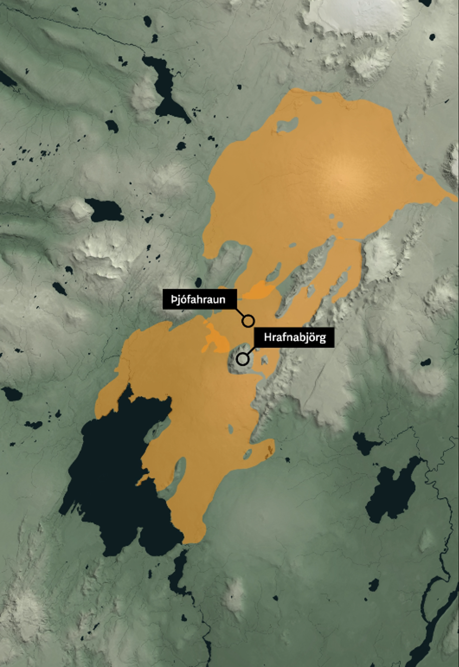 Picture shows the spread of lava from Skjaldbreiður, Eldborgir and Þjófahraun