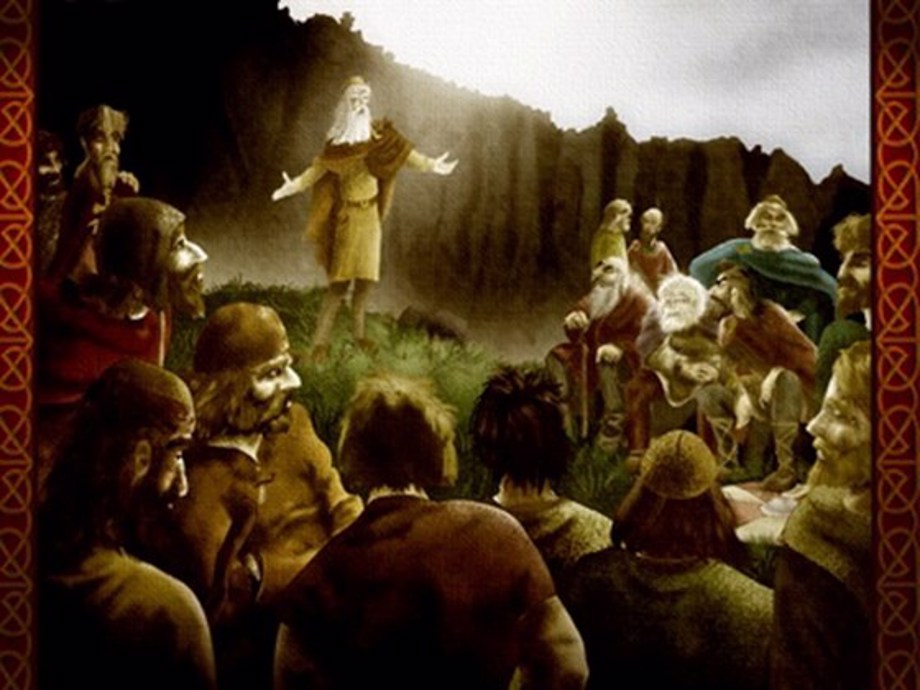 Lawspeaker reciting laws at Lögberg in front of a crowd