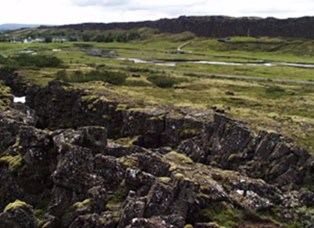 The old assembly site seen from Spöngin (the brace). Lögberg, Þingvallakirkja and Hotel Valhöll.