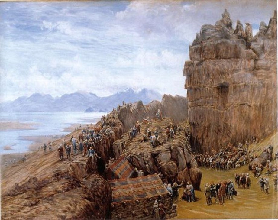 Painting of an assembly at Lögberg in Almannagjá by british painter William Gershom Collingwood