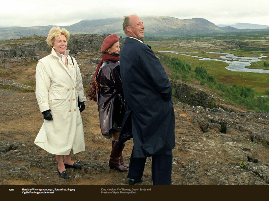 Former president Vigdís Finnbogadóttir, and king Haraldur and queen Sonja of Norway at Hakið