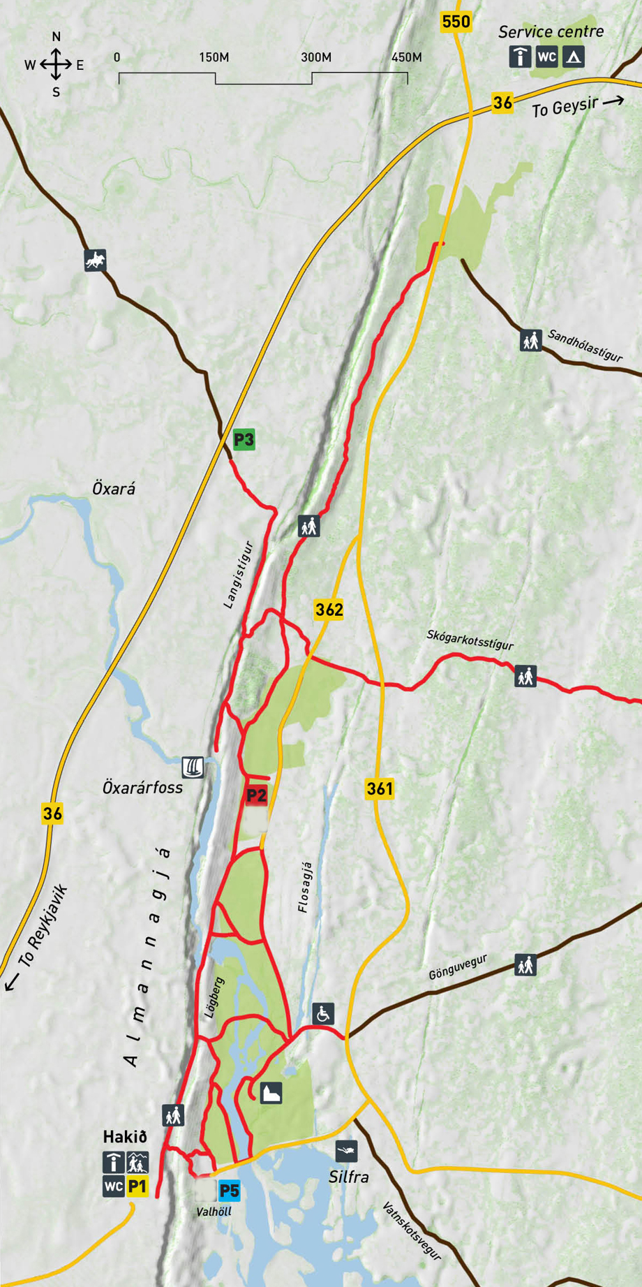 A map of Thingvellir. Seen from Service centre in the north south to Öxarárfoss.