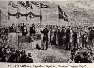 Drawing of the 1874 national festival at Þingvellir. The first constitution being handed to Icelandic officials.
