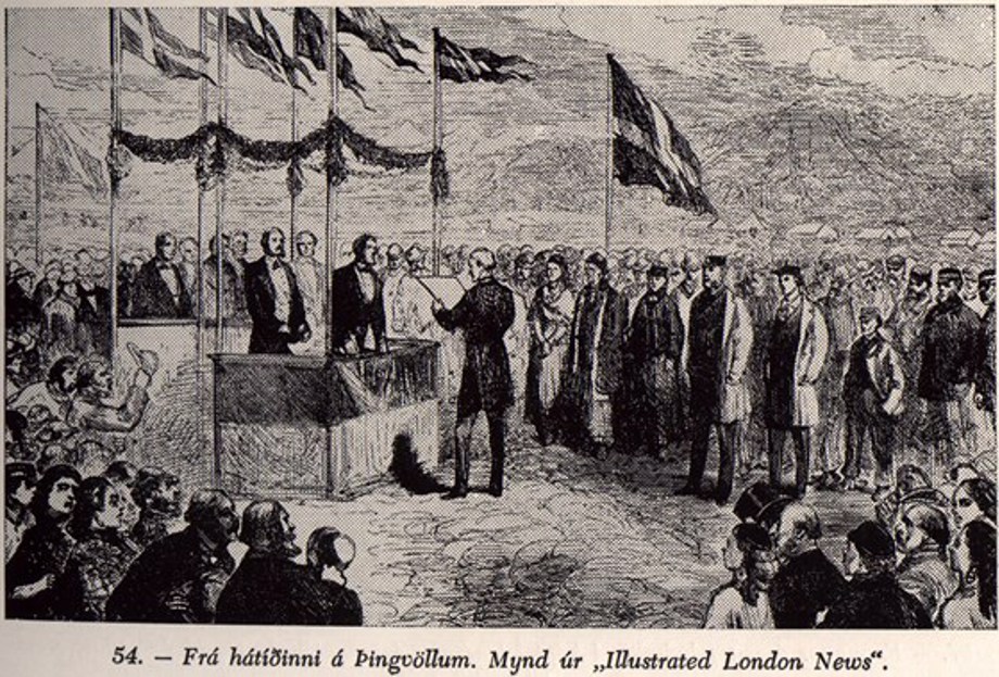 Drawing of the 1874 national festival at Þingvellir. The first constitution being handed to Icelandic officials.