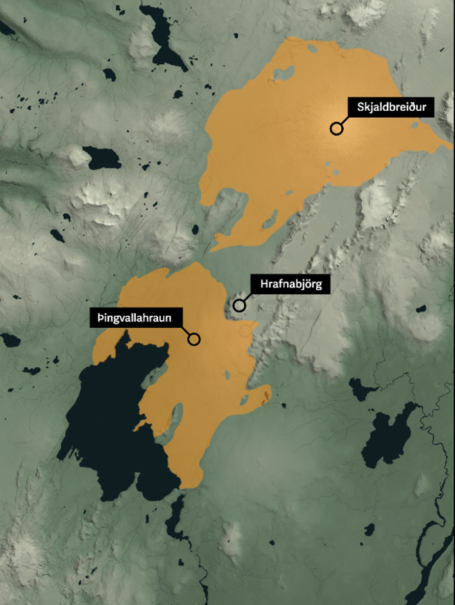 Picture shows the spread of lava from Skjaldbreiður and Eldborgir