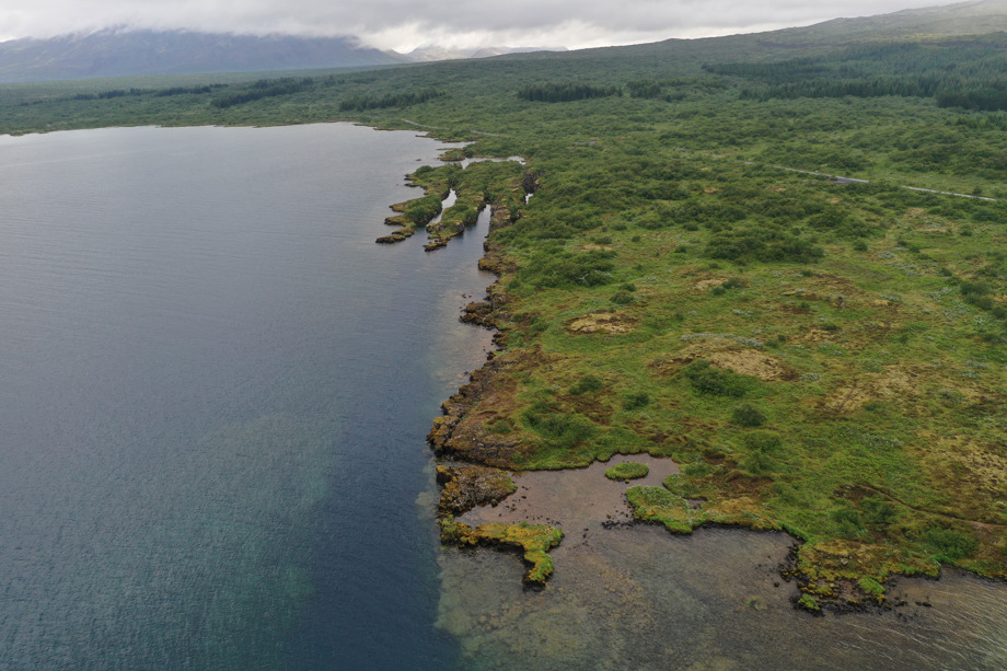 Loftmynd af davíðsgjá, Þingvallavatni og skóginum umhverfis.