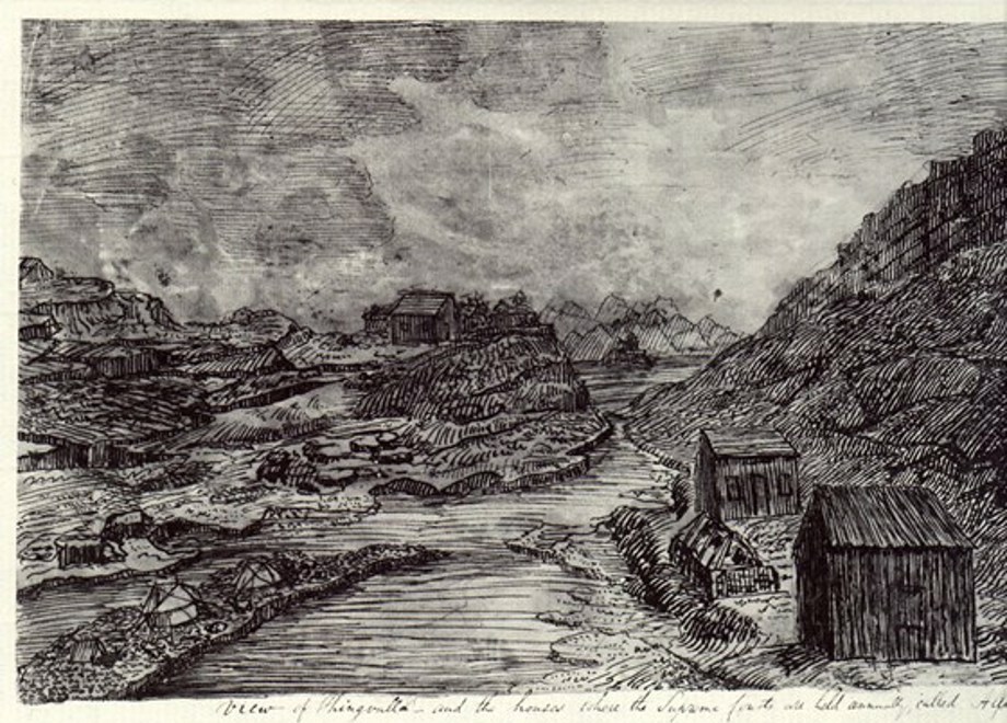 18th century drawing of thingvellir. Öxará river, house of lögrétta and camps.